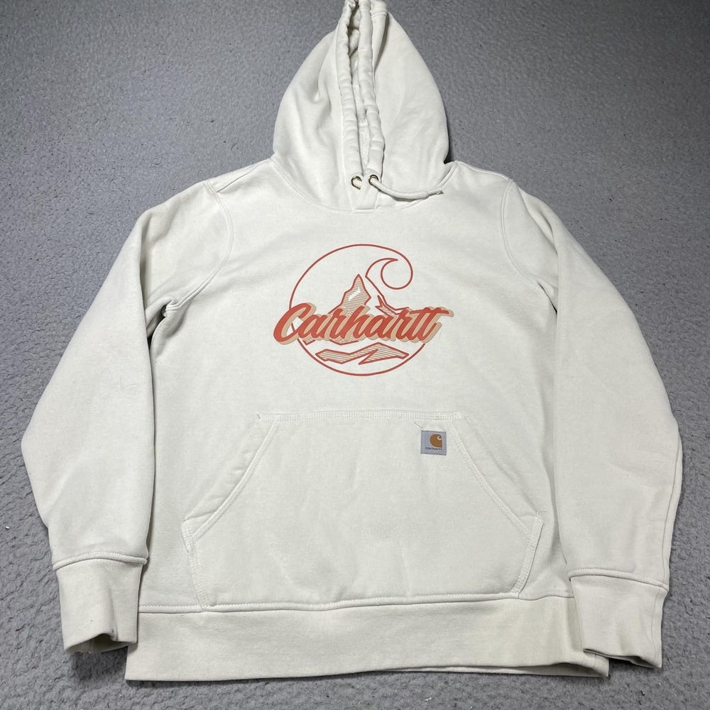 Carhartt Hoodie Womens Small 4-6 White Fleece Pullover Mountain Graphic Logo